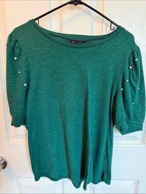 Emerald Green Pearl-Accent Scoop Neck Sweater